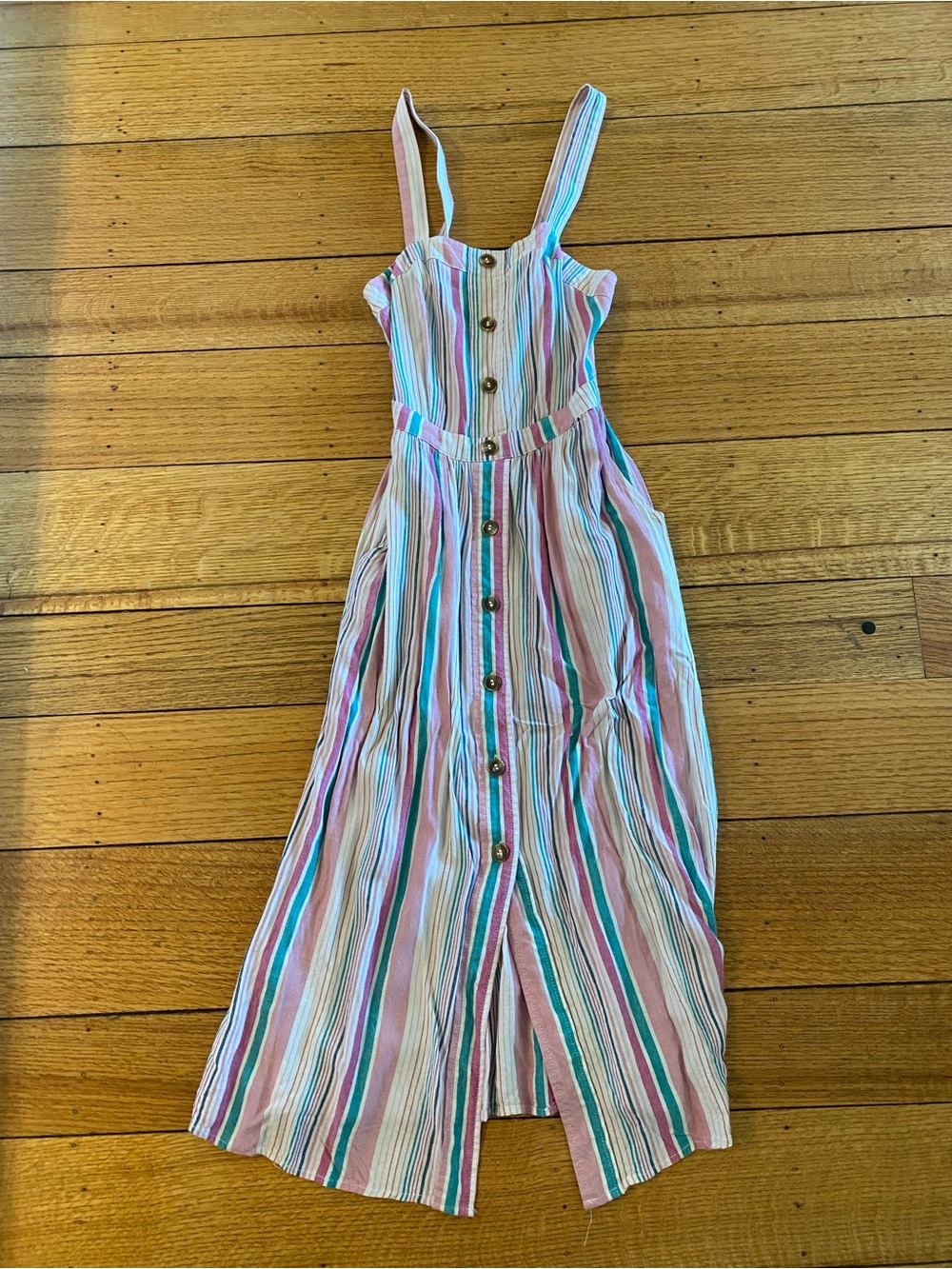bp Striped Button-Front Midi Dress in Pink, Teal & White from Nordstrom